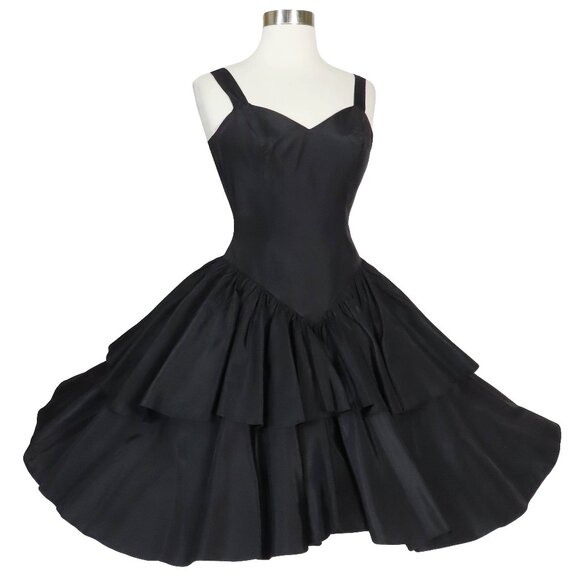 Vintage 80s 50s Black Taffeta Tiered Full Circle Skirt Prom Party Dress XXS XS - Picture 1 of 15